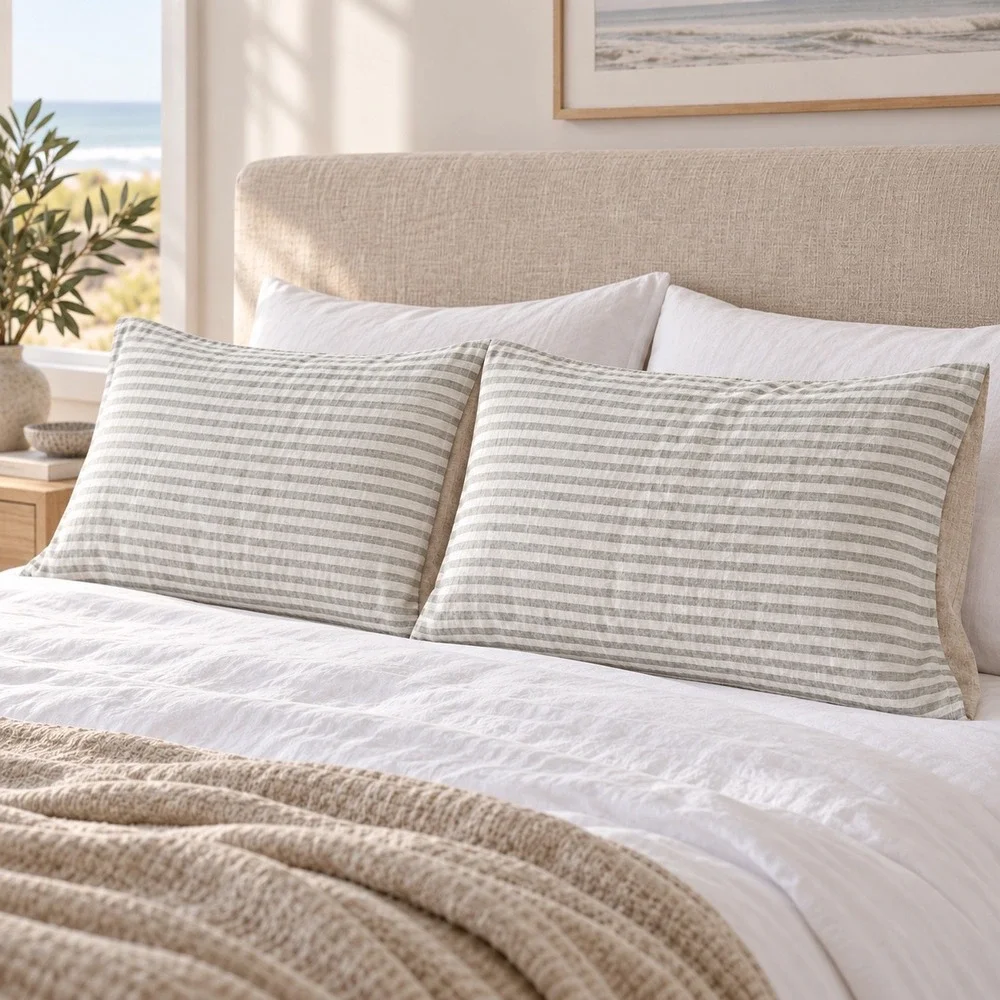 West Elm Set 2 King Linen Pillow Shams Gray Stripe Coastal Organic 20x36